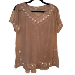 ❤️‍🔥Sundance Peach Eyelet Embroidered Beaded Slit Sleeve Blouse Detachable Tank